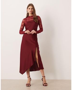 Y.A.S Vestido Lencero Rojo Vino Con Diseño Híbrido De Top Con Cuello Subido De Encaje De