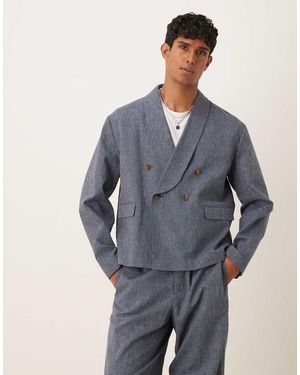 ASOS Double Breasted Linen Boxy Suit Jacket - Blue