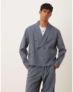 ASOS Double Breasted Linen Boxy Suit Jacket - Blue