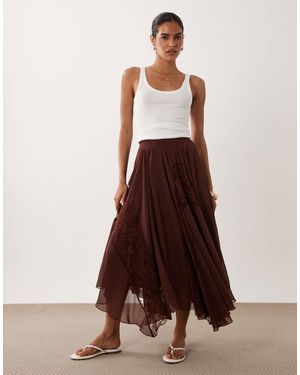 Miss Selfridge Chiffon Lace Mix Hanky Hem Maxi Skirt - Brown