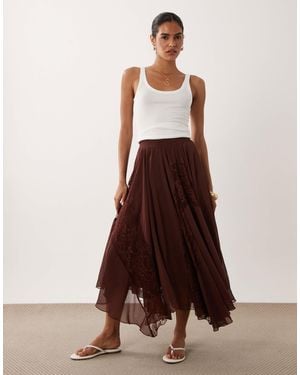 Miss Selfridge Chiffon Lace Mix Hanky Hem Maxi Skirt - Brown