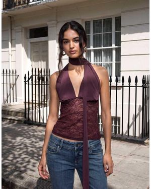 Gina Tricot Lace Plunge Top With Scarf - Brown