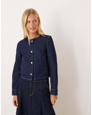 Mango Collarless Denim Jacket - Blue