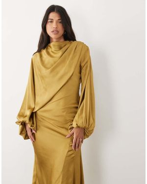 ASOS Vestido Maxi Satinado Con Manga Blusón Asimétrica En-Amarillo