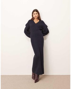 ARRANGE Rib Knit V Neck Maxi Dress With Shoulder Detail - Blue