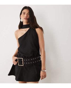 Kaiia Exclusive Halter Scarf Detail Chunky Eyelet Belted Mini Dress - Black