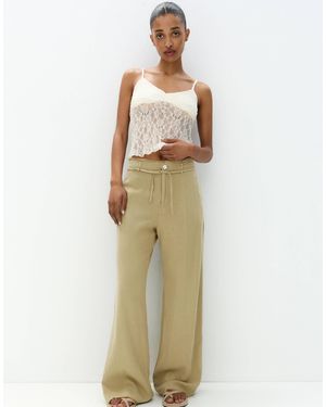 Pull&Bear Tie Up Waist Frayed Hem Wide Leg Trousers - Natural