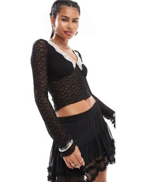 Motel Chantal Long Sleeve Lace Edge Top - Black