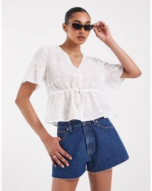 Pieces Tie Front Broderie Top - White