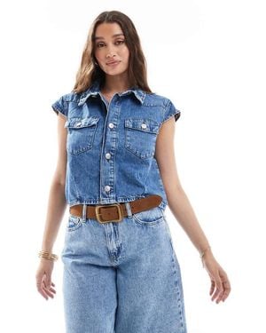 Pieces Cap Sleeve Cropped Denim Top - Blue