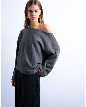 TOPSHOP Top Gris Jaspeado Con Escote Bardot Asimétrico De Tejido Suave De - Azul