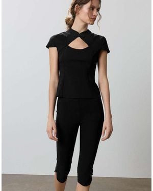 Pull&Bear Stand Collar Keyhole Top - Black