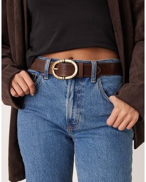 Mango Faux Leather Belt With Hammered Gold Buckle - Blue