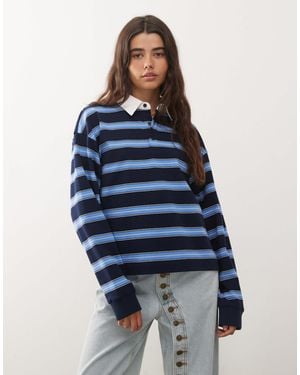 Lioness Countryside Contrast Collar Detail Cuffed Oversized Jersey Top - Blue
