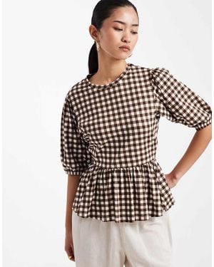 Threadbare Peplum Top Van Jersey Met Pofmouwen En Gingham Ruit - Wit