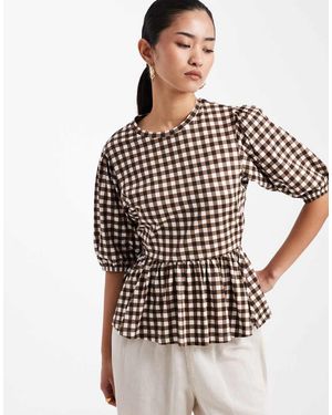 Threadbare Top A Cuadros Vichy Marrones Con Mangas Abullonadas Y Sobrefalda De Punto Liso De - Blanco