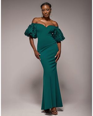 Goddiva Vestido Largo Con Escote Bardot Corazón Y Mangas Abullonadas Tridimensionales De - Verde