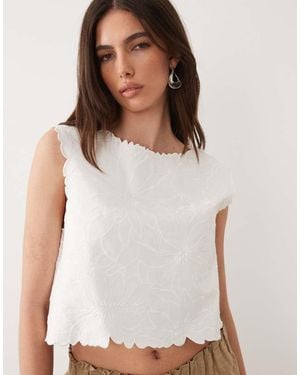Mango Sleeveless Boat Neck Top With Floral Embroidery - White
