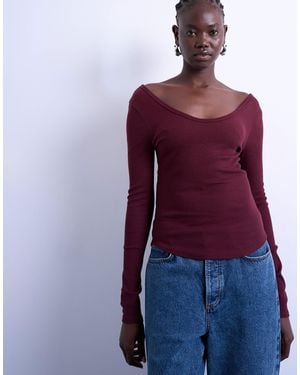 TOPSHOP Rib V-neck Long Sleeve Curved Hem Top - Purple