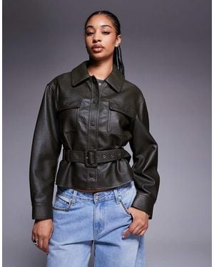 River Island Belted Faux Leather Overshirt - Grey