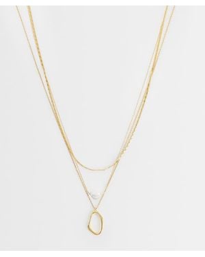 Orelia 3 Row Irregular Oval And Faux Pearl Necklace - Metallic