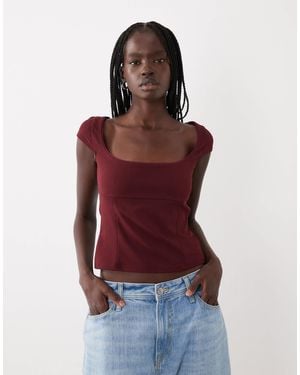 Miss Selfridge Wide Scoop Neck Top With Corset Seams And Picot Trim - Red