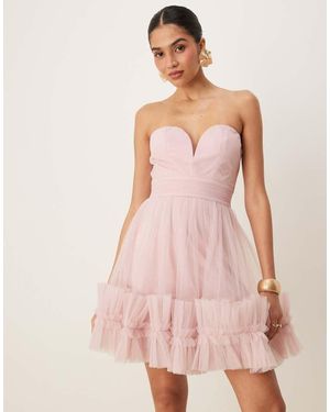 LACE & BEADS Ruffle Hem Sweetheart Mini Tulle Dress - Pink