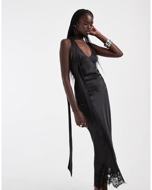 ASOS Satin Scoop Neck Column Maxi Dress With Lace Hem And Scarf - Black