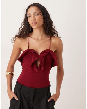 ASOS Frill Detail Plunge Halterneck Bodysuit - Red