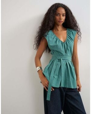 TOPSHOP Top Con Fruncido En El Escote Y Detalle De Lazo A Cuadros Verde Y Azul