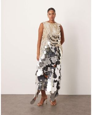 ARRANGE Embellished Disc Sequin Square Neck Full Skirt Midi Dress in White  | Lyst
