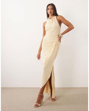 TFNC London Slinky Cowl Neck Ruched Backless Ruched Detail Maxi Dress - Natural