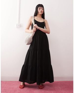 Monki Linen Tiered Midaxi Dress - Black