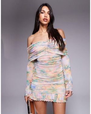 AFRM Long Sleeve Ruched Mini Dress With Ruffle Hem - Gray