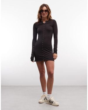 Weekday Long Sleeve Mini Dress With Press Stud Detail - Brown