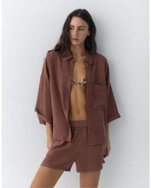Pull&Bear Rustic Linen Blend Shirt - Brown