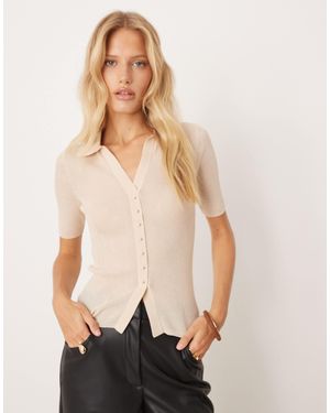 Mango Polo col v à manches courtes en maille - beige - Neutre