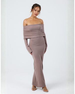 Aria Cove Knit Ruched Deep Bardot Maxi Dress - Purple
