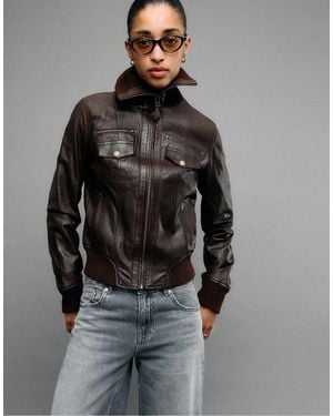 Stradivarius Ribbed Leather Jacket - Grey