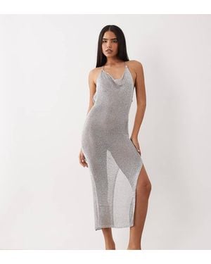 Kaiia Exclusive Metallic Crochet Thigh Split Maxi Dress - Grey
