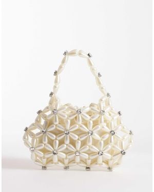 River Island Flower Pearl Beaded Grab Bag - Natural