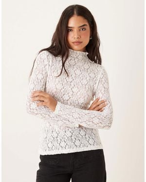 Ghospell High Neck Lace Long Sleeve Top - Natural