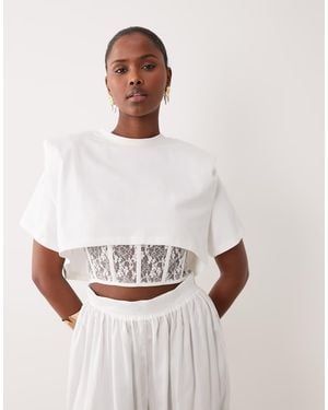 Noughts & Kisses Padded Shoulder Lace Corset Waist Detail Top Co-Ord - White