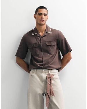 Mango Linen Blend Short Sleeve Contrast Trim Shirt - Brown