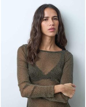 Miss Selfridge Hotfix Mesh Long Sleeve Top - Brown