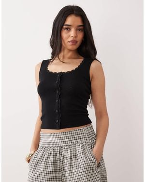 Miss Selfridge Pointelle Button Up Tank Top With Lace Trim - Black