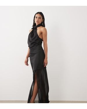 Kaiia Exclusive Satin Halterneck Scarf Detail Sheer Hem Maxi Dress - Black