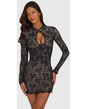 Oh Polly Lace Mandarin Collar Key Hole Detail Long Sleeve Mini Dress - Black