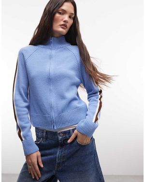Collusion Knitted Zip Through Stripe Funnel Neck Track Jacket - Blue
