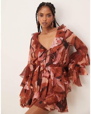 ASOS Tie Front Ruffle Detail Long Sleeve Playsuit - Red